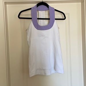 Lululemon tback athletic top. Size 8 white with purple trim